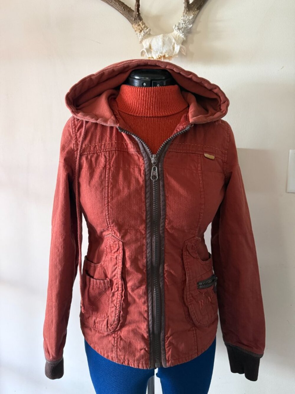 Y2K Billabong Rust Orange Quilted Flannel Lined Hooded Utility Jacket Small S